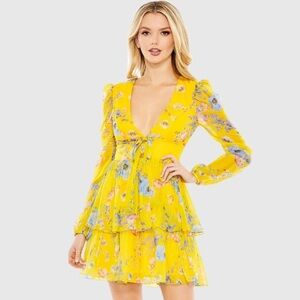Anthropologie Mac Duggal Yellow Floral Puff Sleeve Mini Dress Size 10 NWT